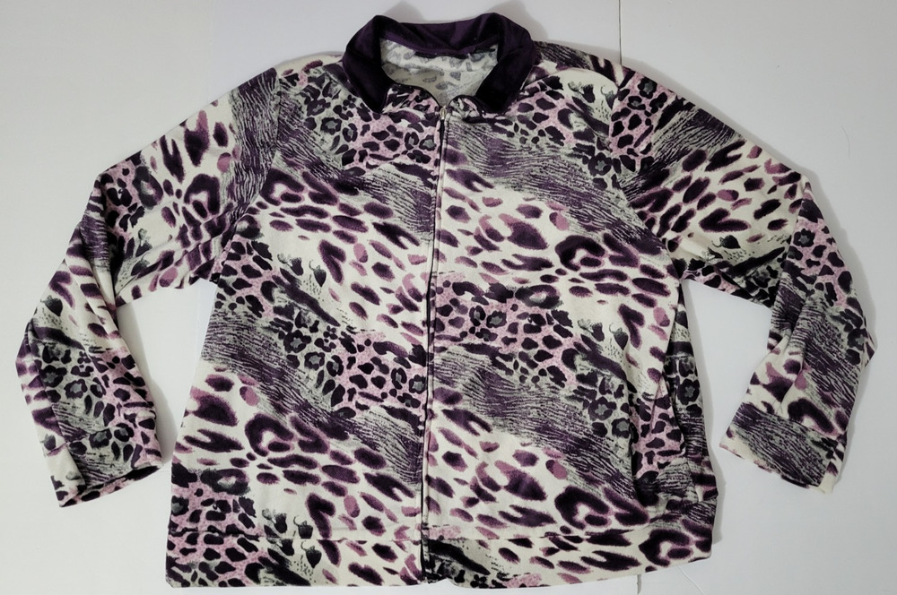 Mirror Image Womens 3X Purple Leopard Animal Print Full Zip Sweater Jacket